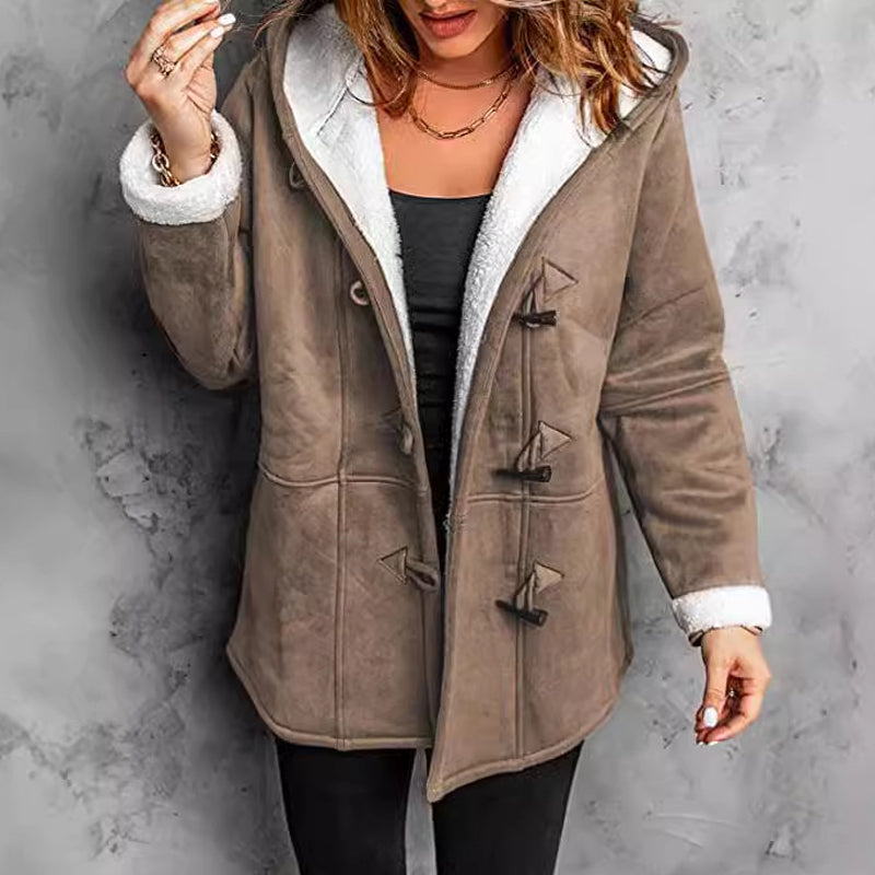 Double-Breasted Hooded Coat Soft Suede Outer & Warm Lining for Commute or Outdoor Wear