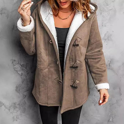 Double-Breasted Hooded Coat Soft Suede Outer & Warm Lining for Commute or Outdoor Wear