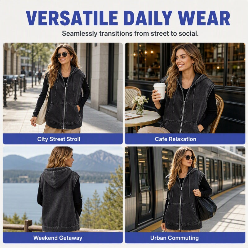 Women's Oversized Hooded Denim Vest Jacket