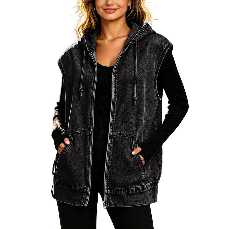 Women's Oversized Hooded Denim Vest Jacket