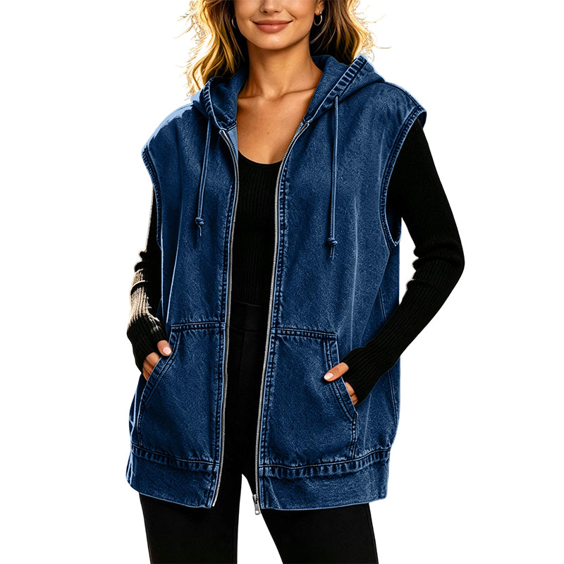 Women's Oversized Hooded Denim Vest Jacket