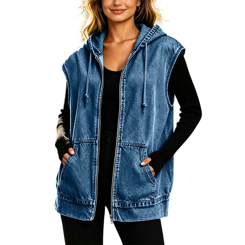 Women's Oversized Hooded Denim Vest Jacket