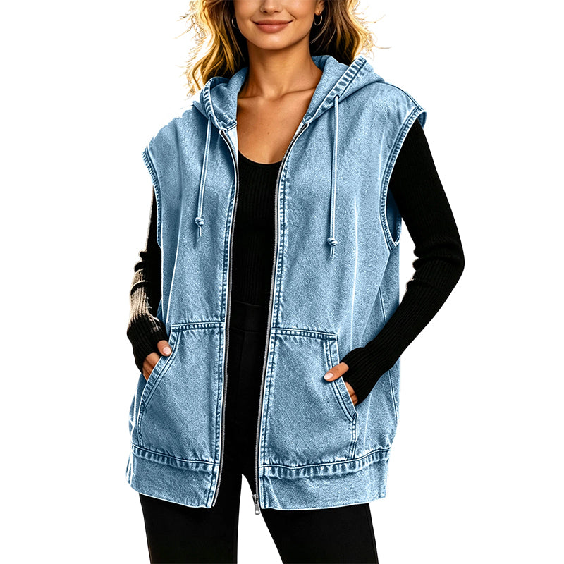 Women's Oversized Hooded Denim Vest Jacket