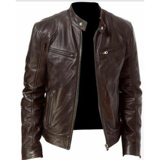Men's PU Leather Stand-Collar Zip-Up Jacket