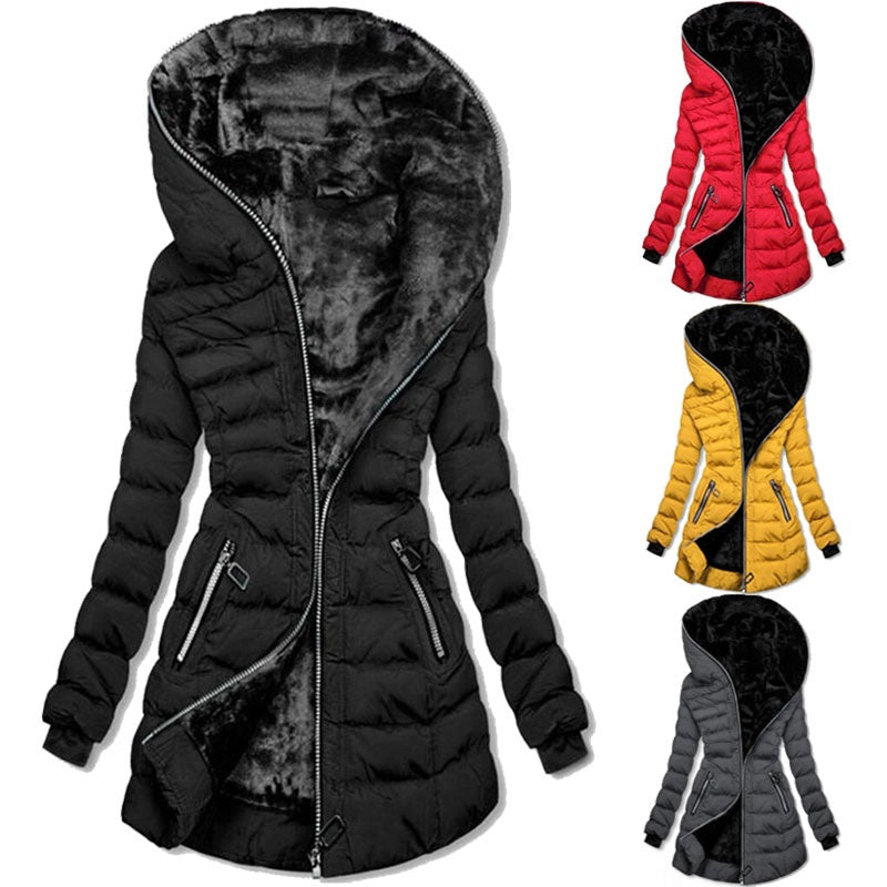 Women's Plush-Lined Hooded Mid-Length Coat