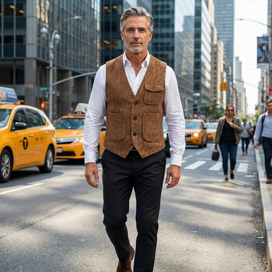 Men's Herringbone Tweed Multi-Pocket Vest