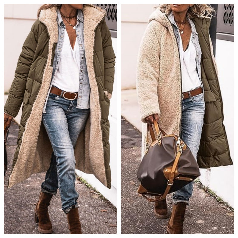 Women's Reversible Plush-Lined Hooded Long Coat