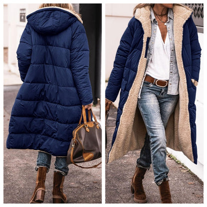 Women's Reversible Plush-Lined Hooded Long Coat