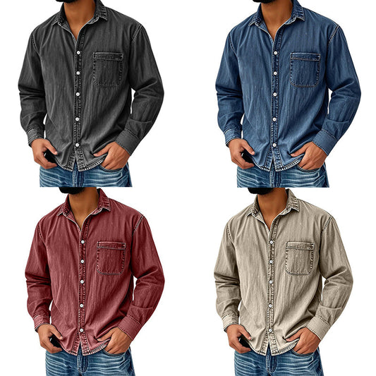 Men's Vintage Washed Denim Shirt with Pockets