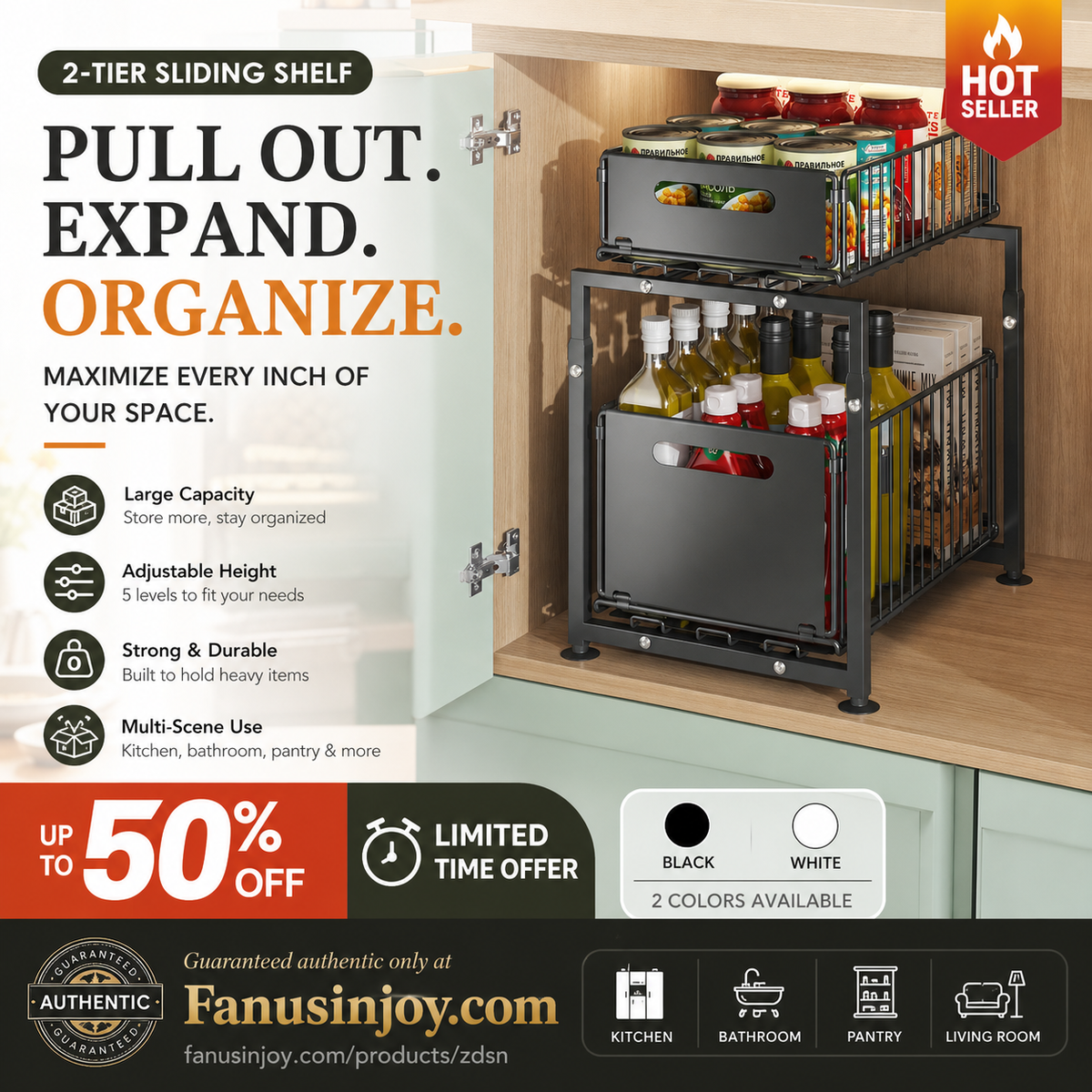 Double-Tier Pull-Out Shelf Cabinet Organiser 5 Height Adjustments, 2 Pull-Out Tiers, Carbon Steel & Large Capacity No Assembly Required